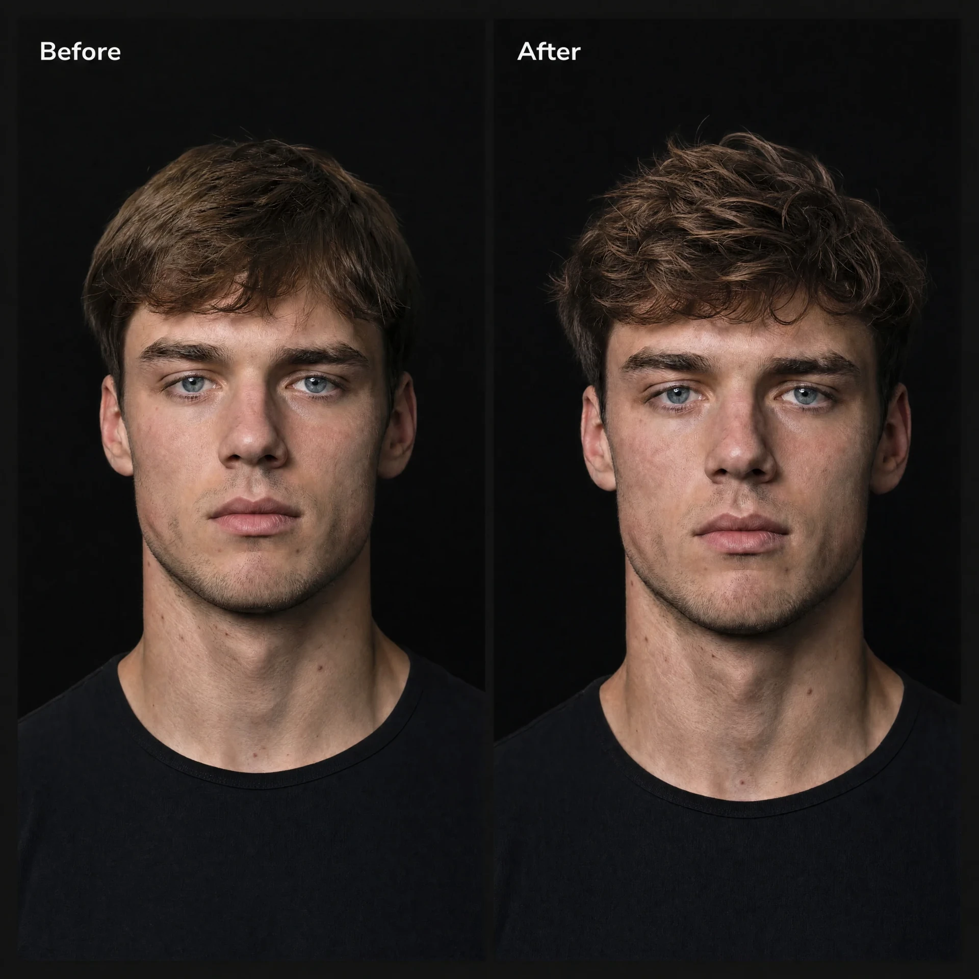 Before and after example: flat hair next to the same style with lifted, textured volume