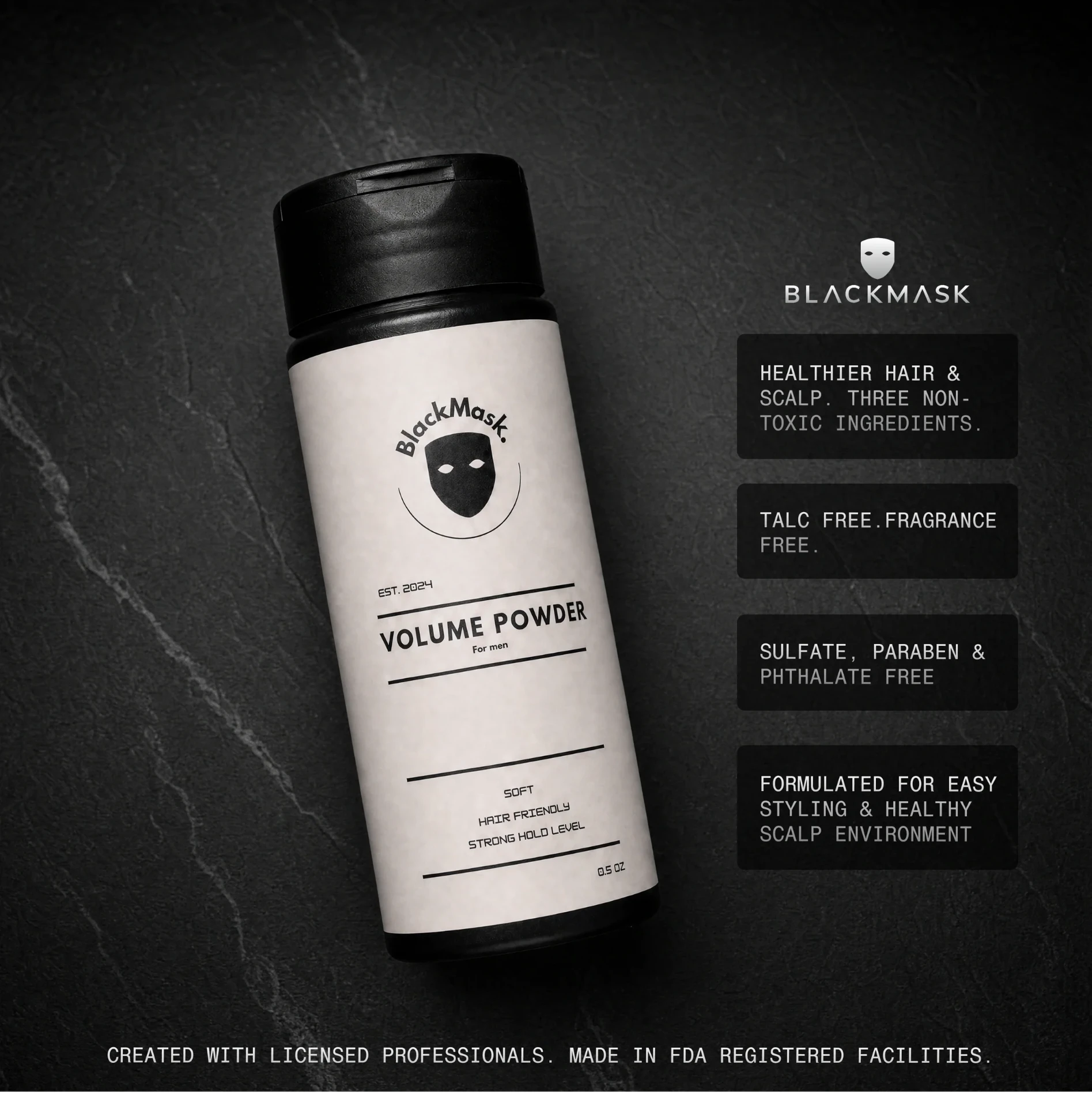 BLACKMASK Volume Powder bottle with its claims: three non-toxic ingredients, talc free, fragrance free, sulfate, paraben and phthalate free, strong hold