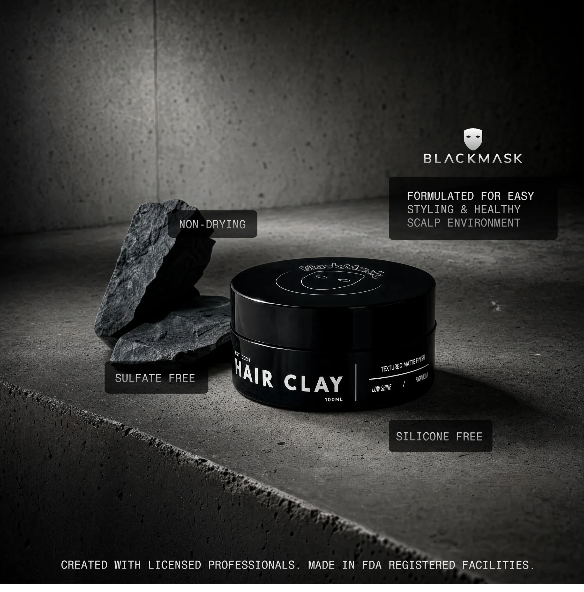 BLACKMASK Hair Clay jar with its claims: textured matte finish, low shine, high hold, non-drying, sulfate free, silicone free