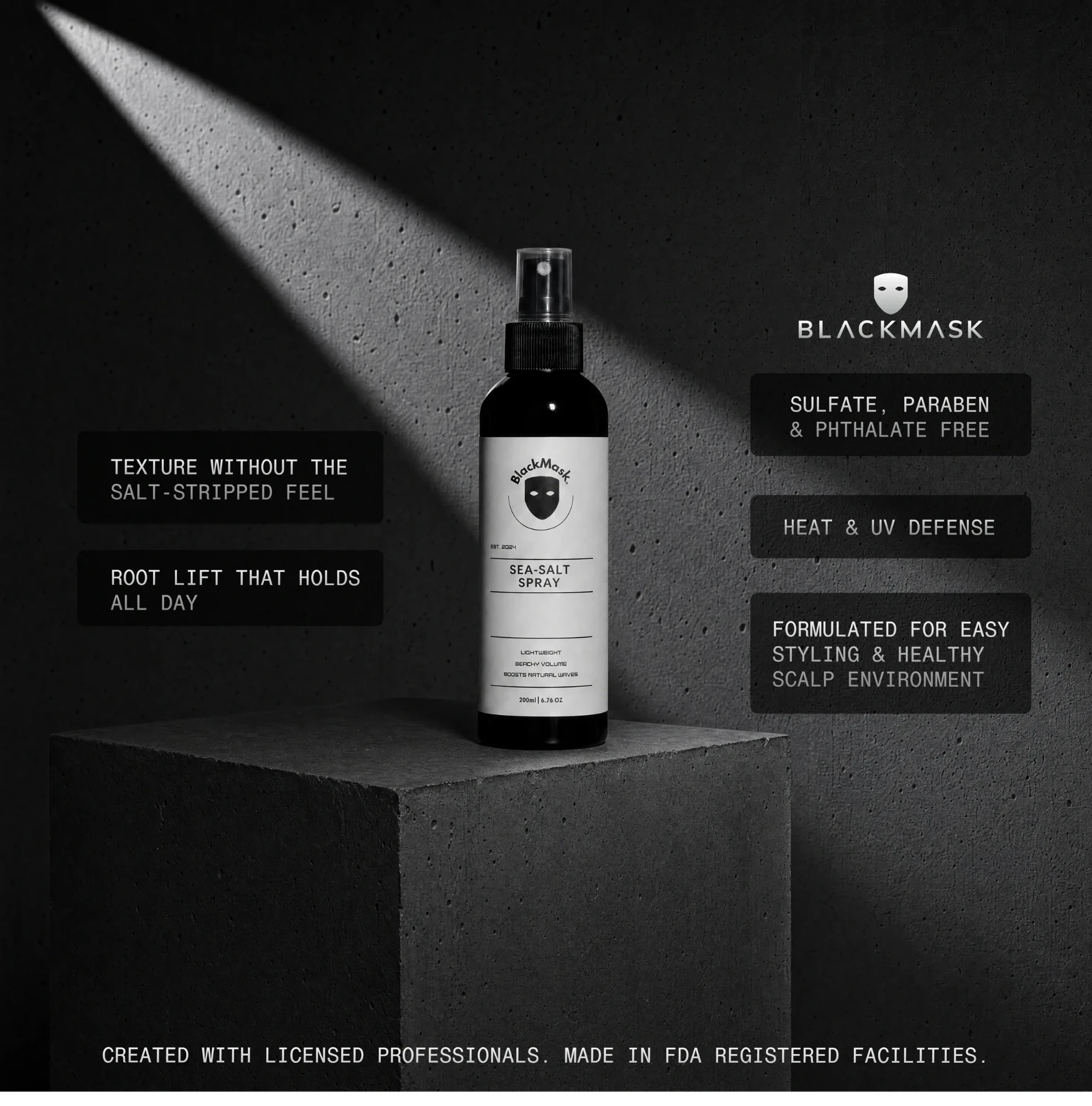 BLACKMASK Sea-Salt Spray bottle with its claims: texture without the salt-stripped feel, root lift that holds all day, sulfate, paraben and phthalate free, heat and UV defense