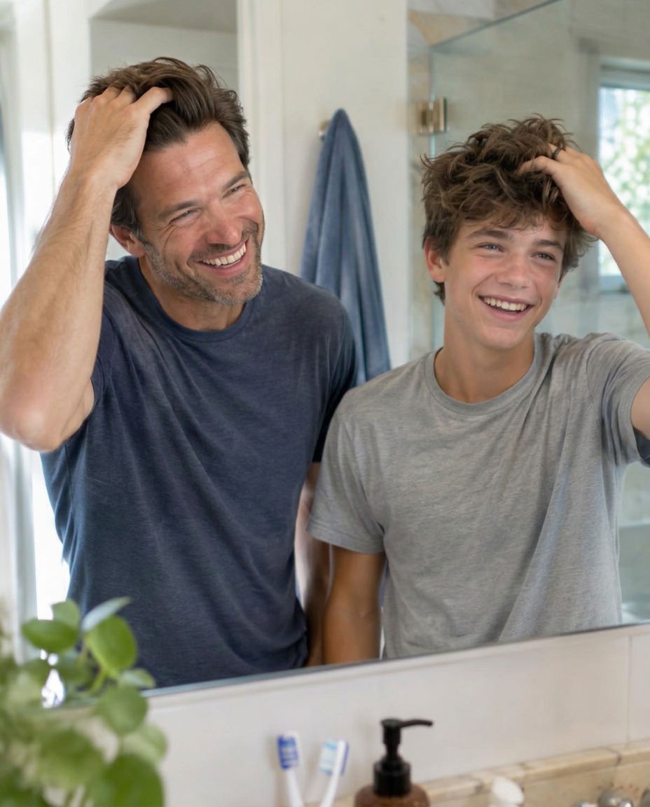A father and teenage son tousling their hair together at the bathroom mirror
