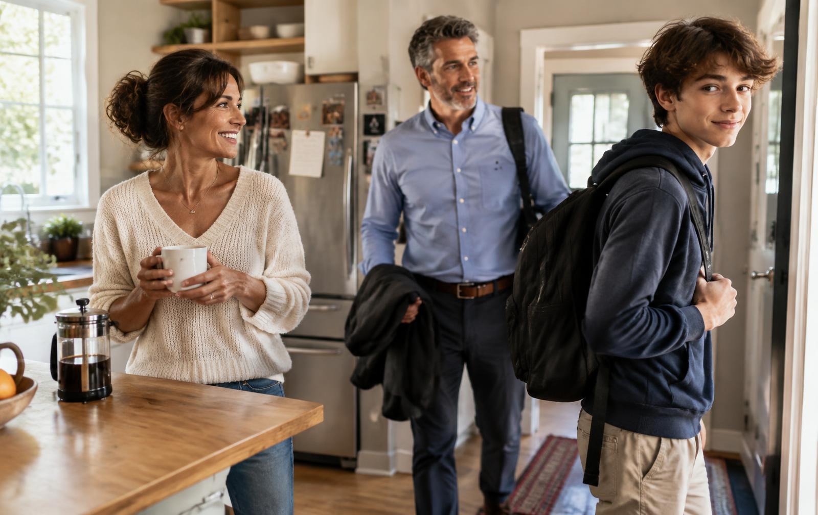 A mother with coffee as her husband and teenage son head out the door